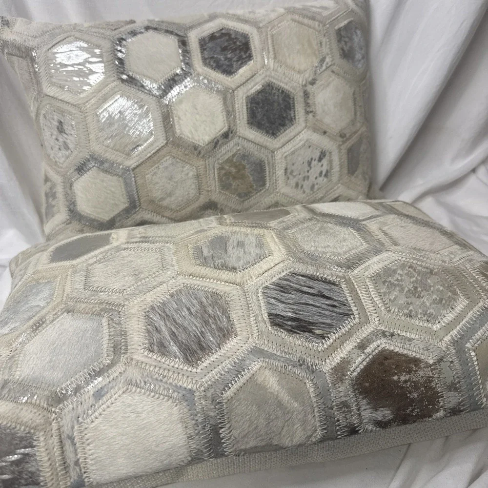 Luxury Ivory Silver Cowhide Leather  Pillow 2 Down Handmade Southwest Rustic